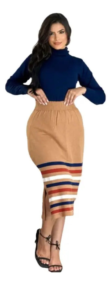Saia Tricot Modal Midi Social Fenda Lateral Barra Listrada