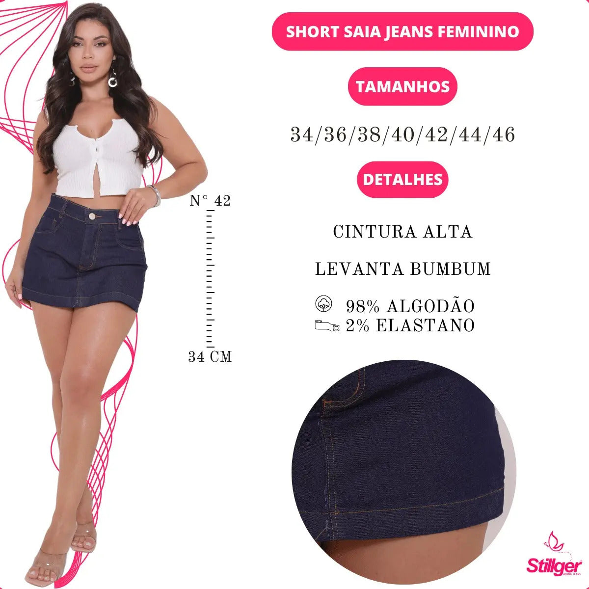 Short Saia Jeans Feminino Cintura Alta Com Lycra Stillger