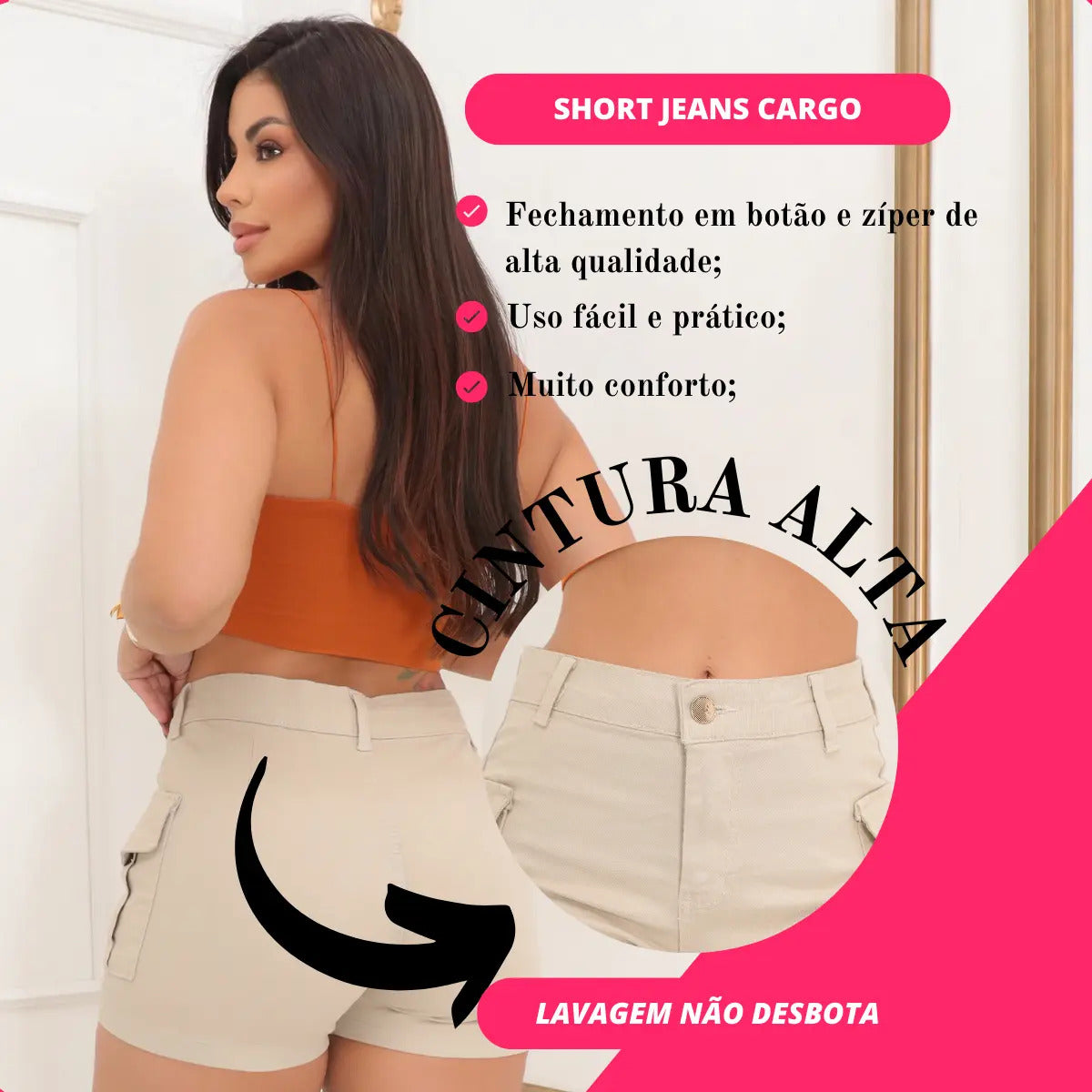 Short Jeans Feminino Shorts Cargo Com Lycra Cintura Alta