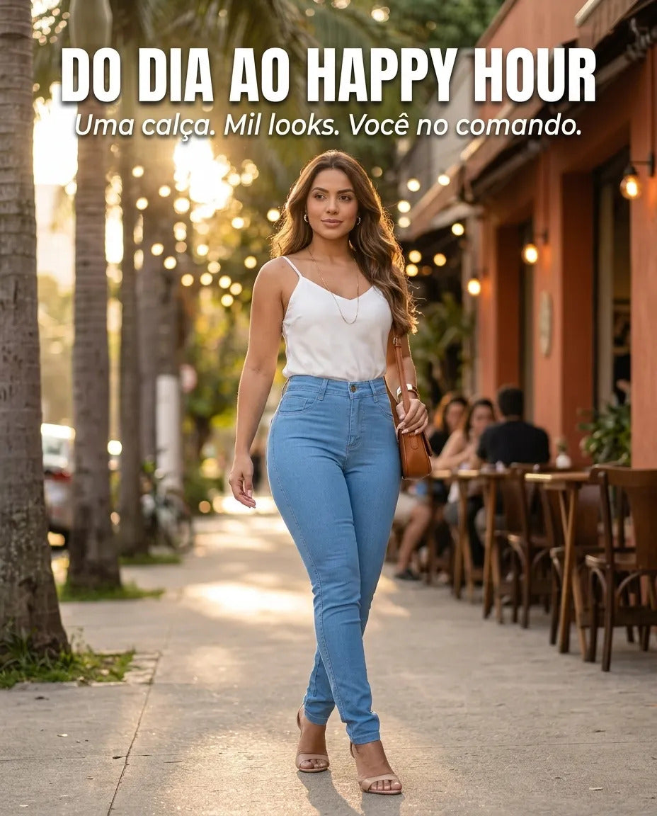 Calça Feminina Jeans Cintura Alta Skinny Levanta Bumbum