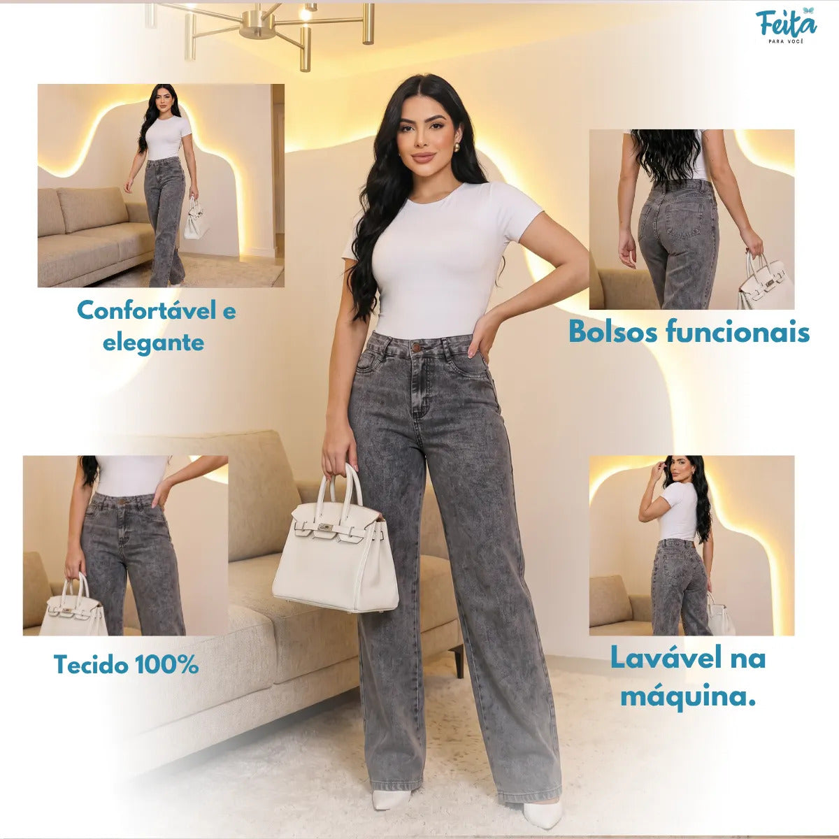 Calça Jeans Feminina Wide Leg Pantalona Cintura Alta Inverno