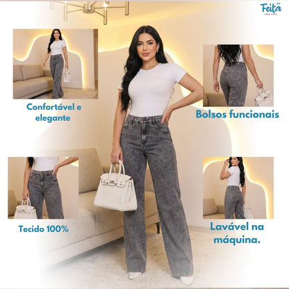 Calça Jeans Feminina Wide Leg Pantalona Cintura Alta Inverno