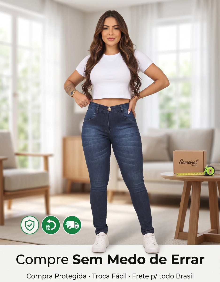 Calça Feminina Jeans Cintura Alta Skinny Levanta Bumbum