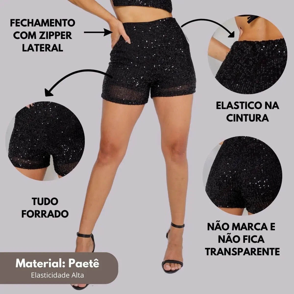 Short Bermuda Feminino Cintura Alta Paetê Balada Moda Brilho