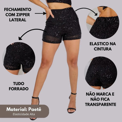 Short Bermuda Feminino Cintura Alta Paetê Balada Moda Brilho