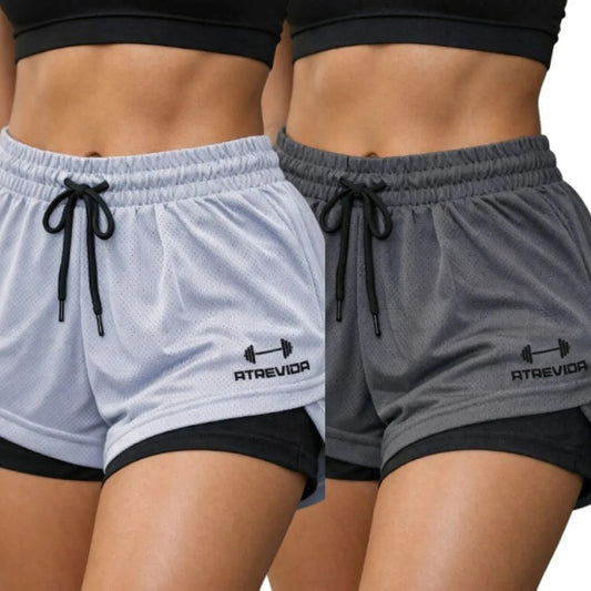 Conjunto 2 Shorts Feminino Compressão Corrida Bolso Oculto