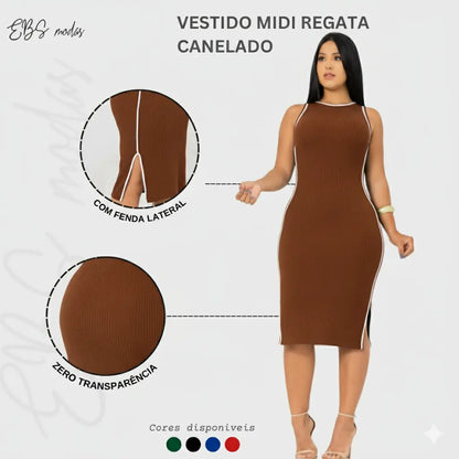 Vestido Midi Canelado Premium Regata Casual Básico Modelador