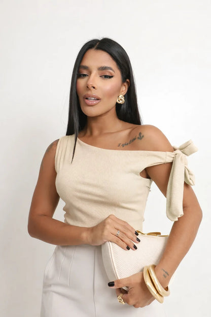 Cropped Feminino Blusa Moderno Manga Laço Amarração