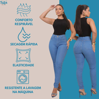 Calça Preta Jeans Feminina Com Elastano Cintura Alta Skinny