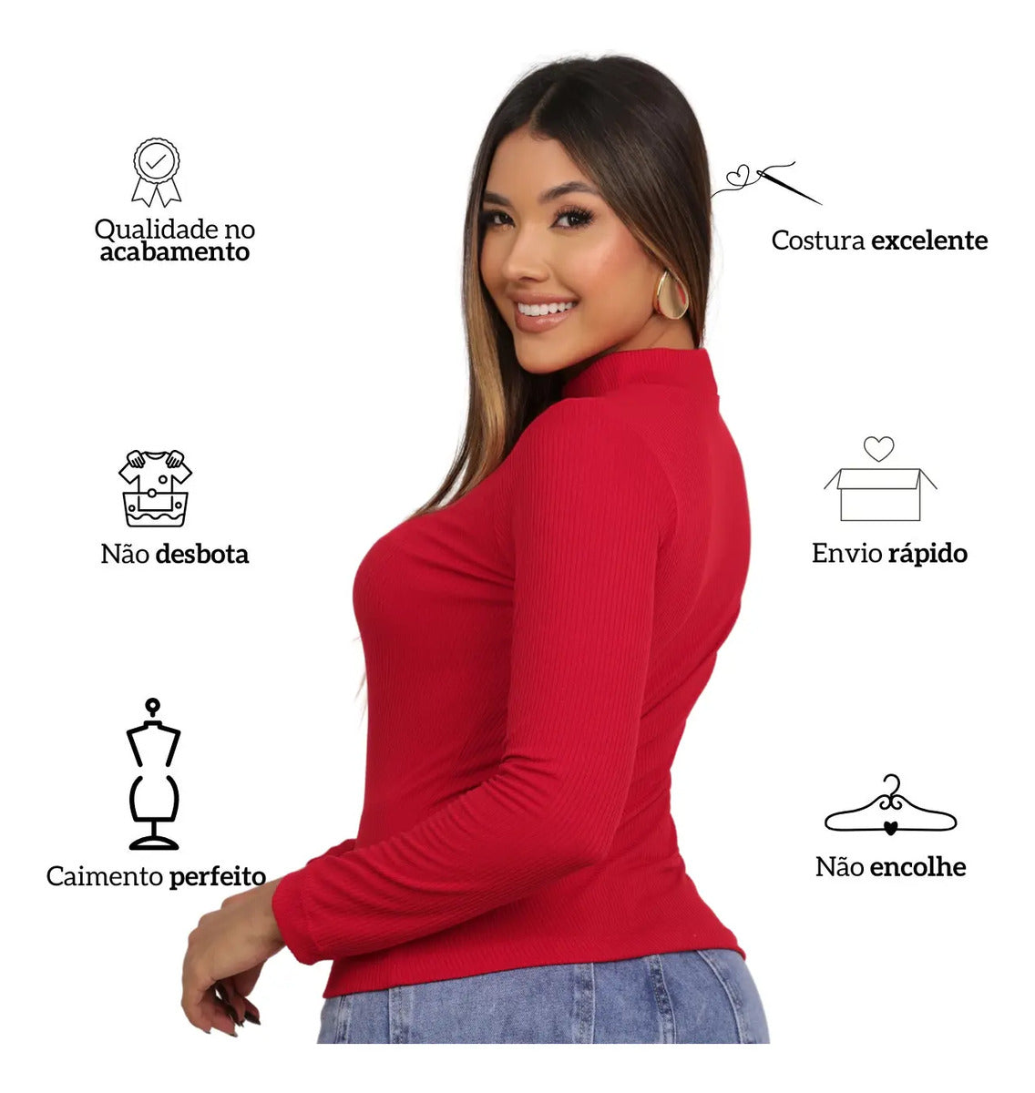 Blusa Feminina Canelada Gola Alta Manga Comprida Cacharrel