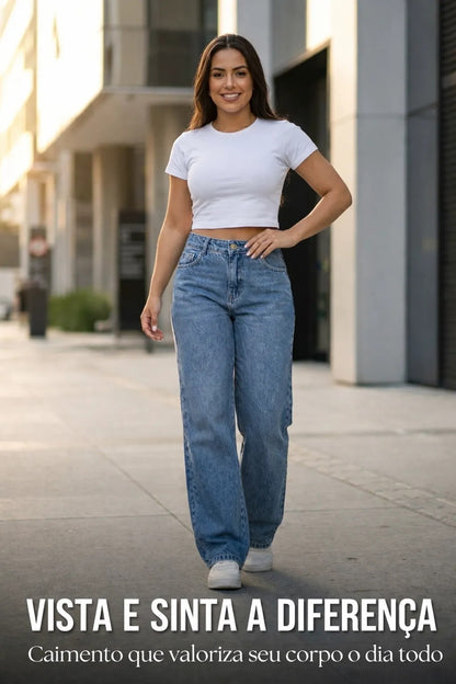 Calça Jeans Wide Leg Feminina Cintura Alta Sem Lycra Stillge