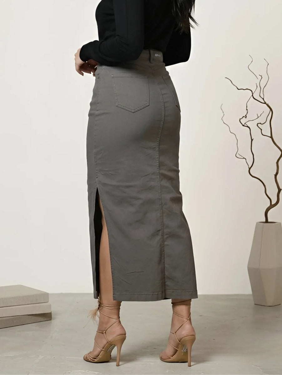 Saia Longa Jeans E Brim Abertura Lateral Elastano Anagrom