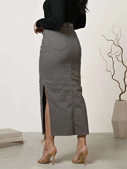 Saia Longa Jeans E Brim Abertura Lateral Elastano Anagrom