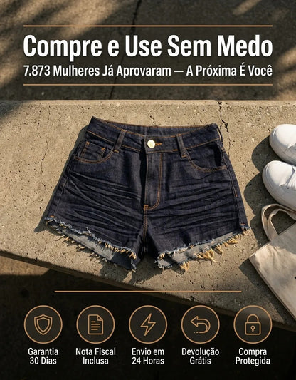Short Jeans Feminino Cintura Alta Com Lycra Barra Desfiada