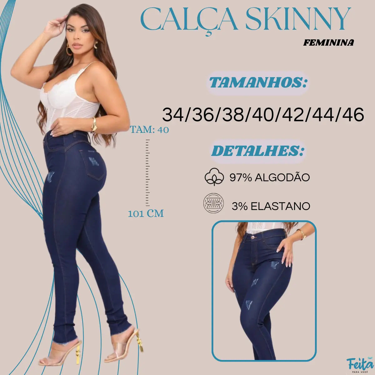 Calça Preta Jeans Feminina Com Elastano Cintura Alta Skinny
