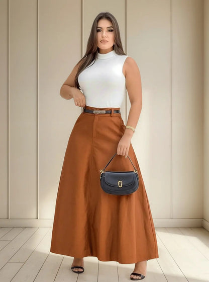 Saia Feminina Longa Com Cinto Alfaiataria Com Bolso