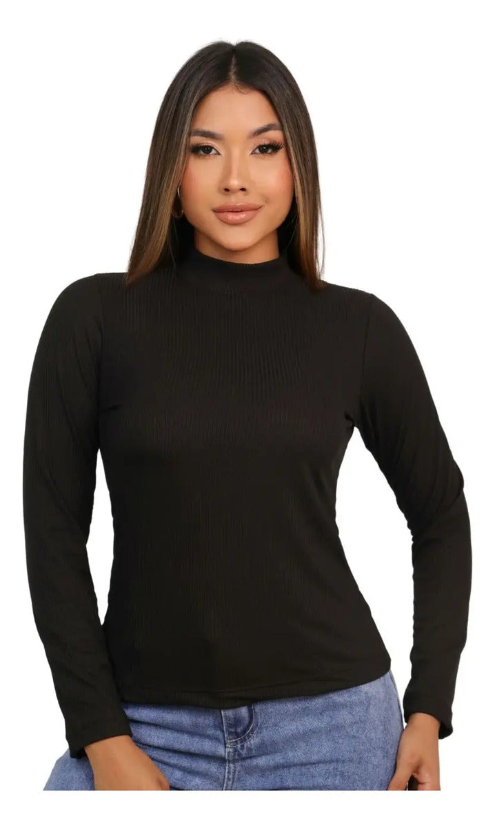 Blusa Feminina Canelada Gola Alta Manga Comprida Cacharrel