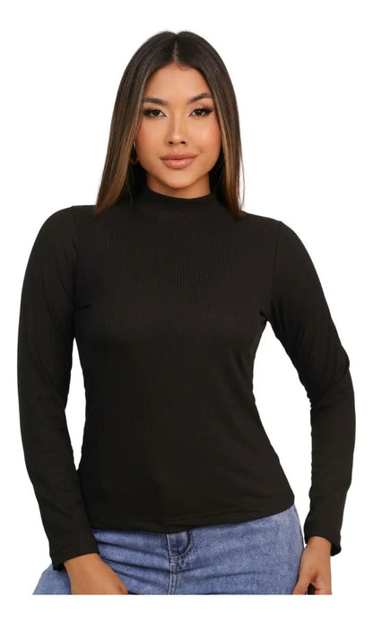 Blusa Feminina Canelada Gola Alta Manga Comprida Cacharrel