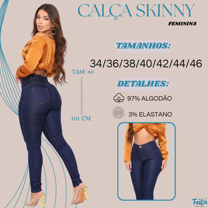 Calça Preta Jeans Feminina Com Elastano Cintura Alta Skinny