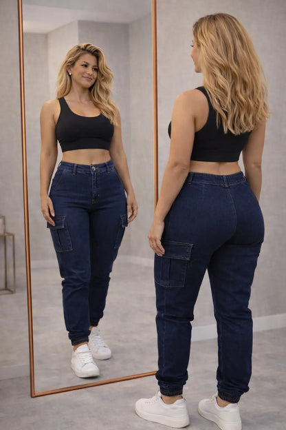 Calça Cargo Jogger Jeans Feminina Cintura Alta Com Lycra