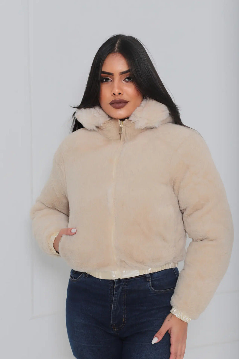 Jaqueta Feminina De Inverno Cropped Dupla Face Com Capuz