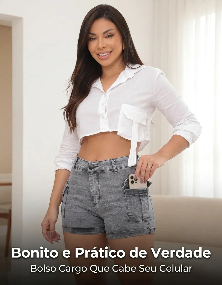 Short Jeans Feminino Shorts Cargo Com Lycra Cintura Alta