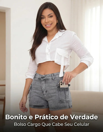 Short Jeans Feminino Shorts Cargo Com Lycra Cintura Alta