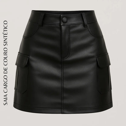 Saia Cargo De Couro Courino Moda Balada Cintura Alta