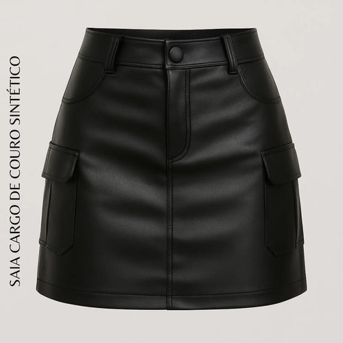 Saia Cargo De Couro Courino Moda Balada Cintura Alta