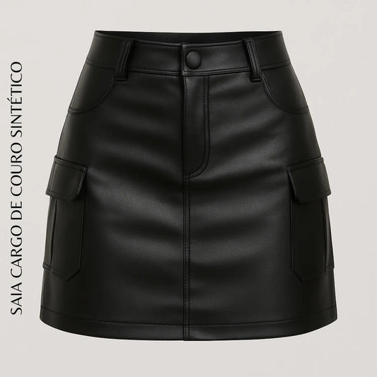 Saia Cargo De Couro Courino Moda Balada Cintura Alta
