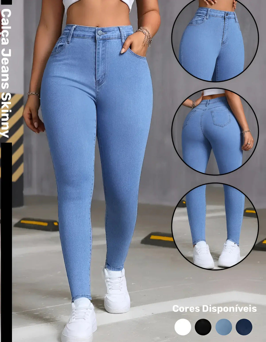 Calça Skinny Jeans Básica Feminina Cintura Alta Look Casual