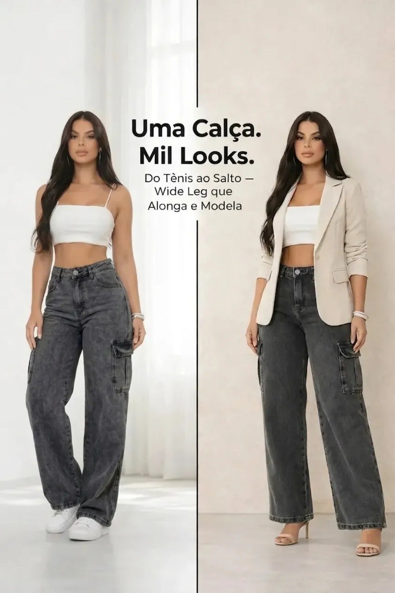 Calça Cargo Feminina Wide Leg Cintura Alta Jeans  Stillger