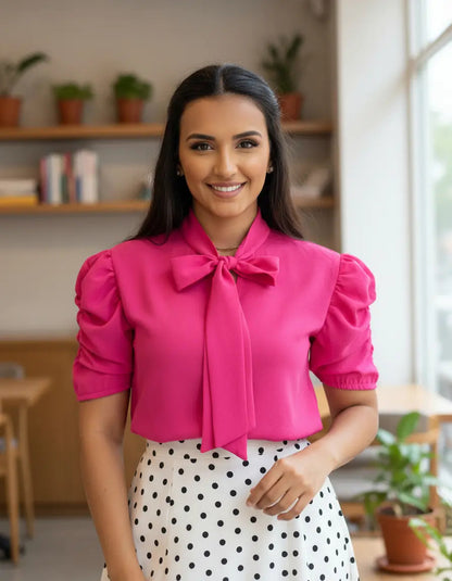 Blusa Camisa Social Romântica Laço E Botões De Pérola Manga