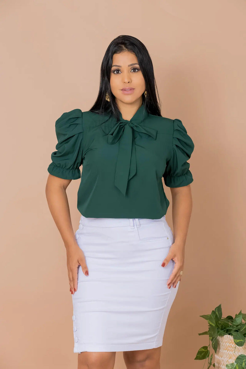 Blusa Emily Gola Laço Manga Curta Bufante