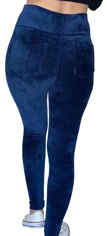 Calça Legging Veludo Cotelê Com Bolso Cós Alto Inverno