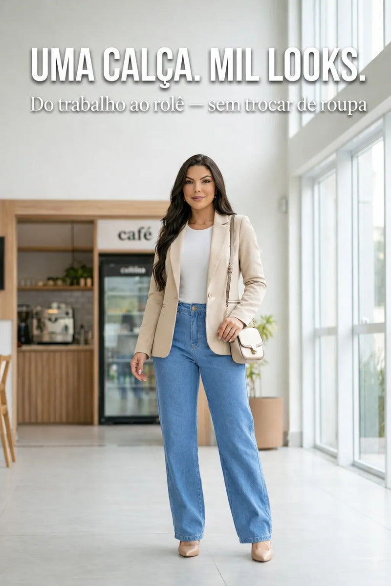 Calça Jeans Wide Leg Feminina Cintura Alta Sem Lycra Stillge