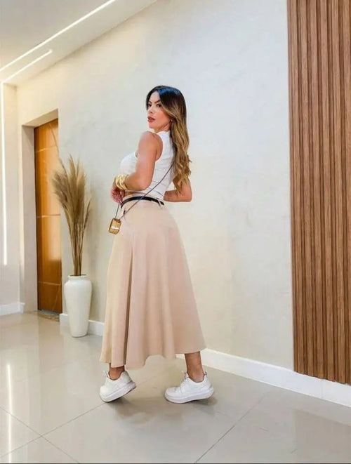 Saia Feminina Longa Com Cinto Alfaiataria Com Bolso