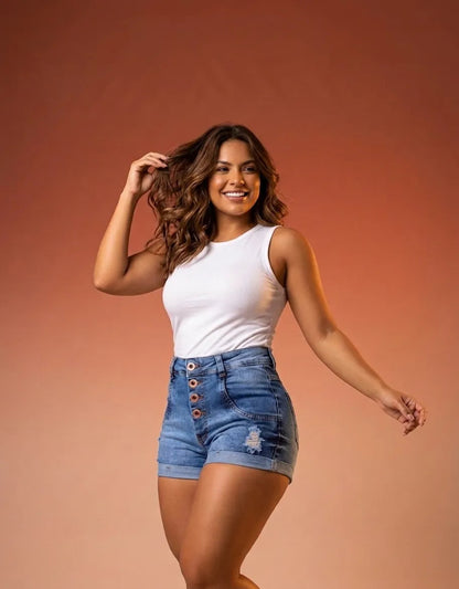 Short Jeans Feminino Cintura Alta C/ Lycra Hot Pant Stillger