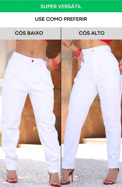 Calça Branca Feminina Cós Alto Hot Pants Com Lycra Premium