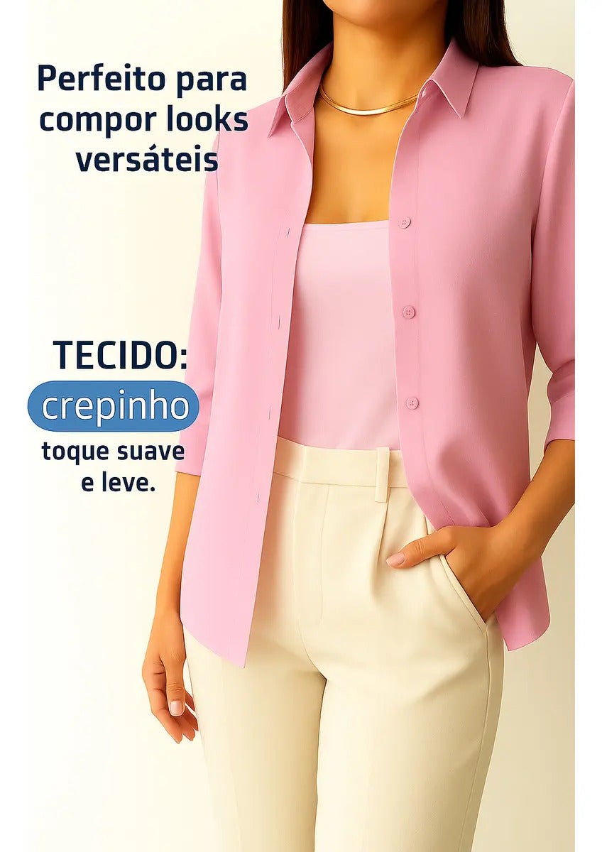 Camisa Blusa Social Feminina Manga Longa De Botão Na Promo