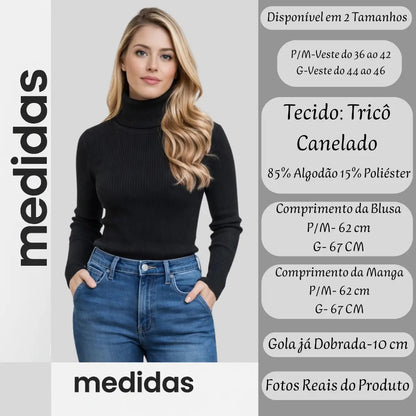 Blusa Cacharrel Feminina Tricô Lã Blusinha Gola Alta Rolê