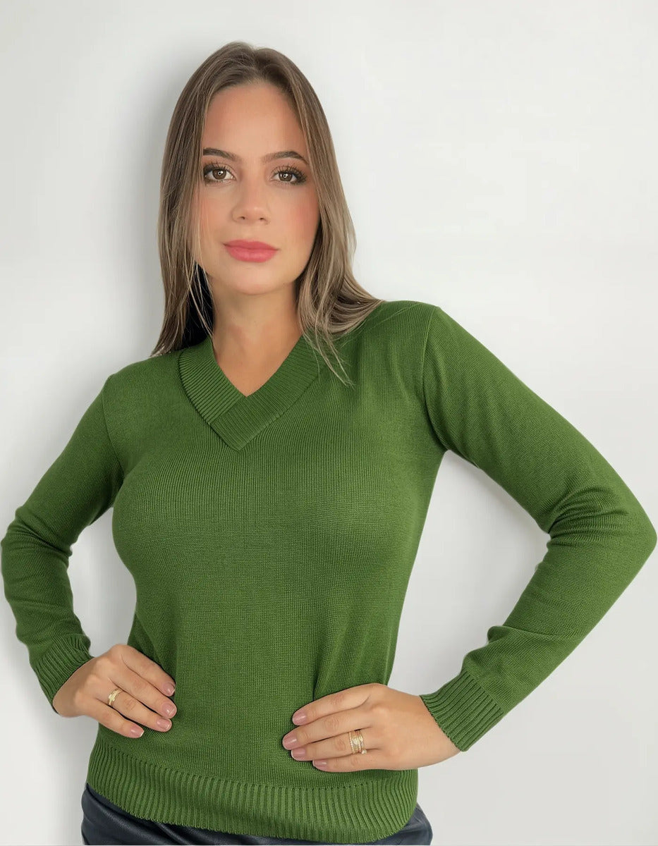 Blusa Trico Basica De Frio Feminina Decote V Manga Longa