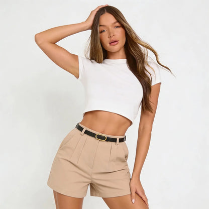 Short Alfaiataria Feminino Social Cintura Alta Cinto Bolso
