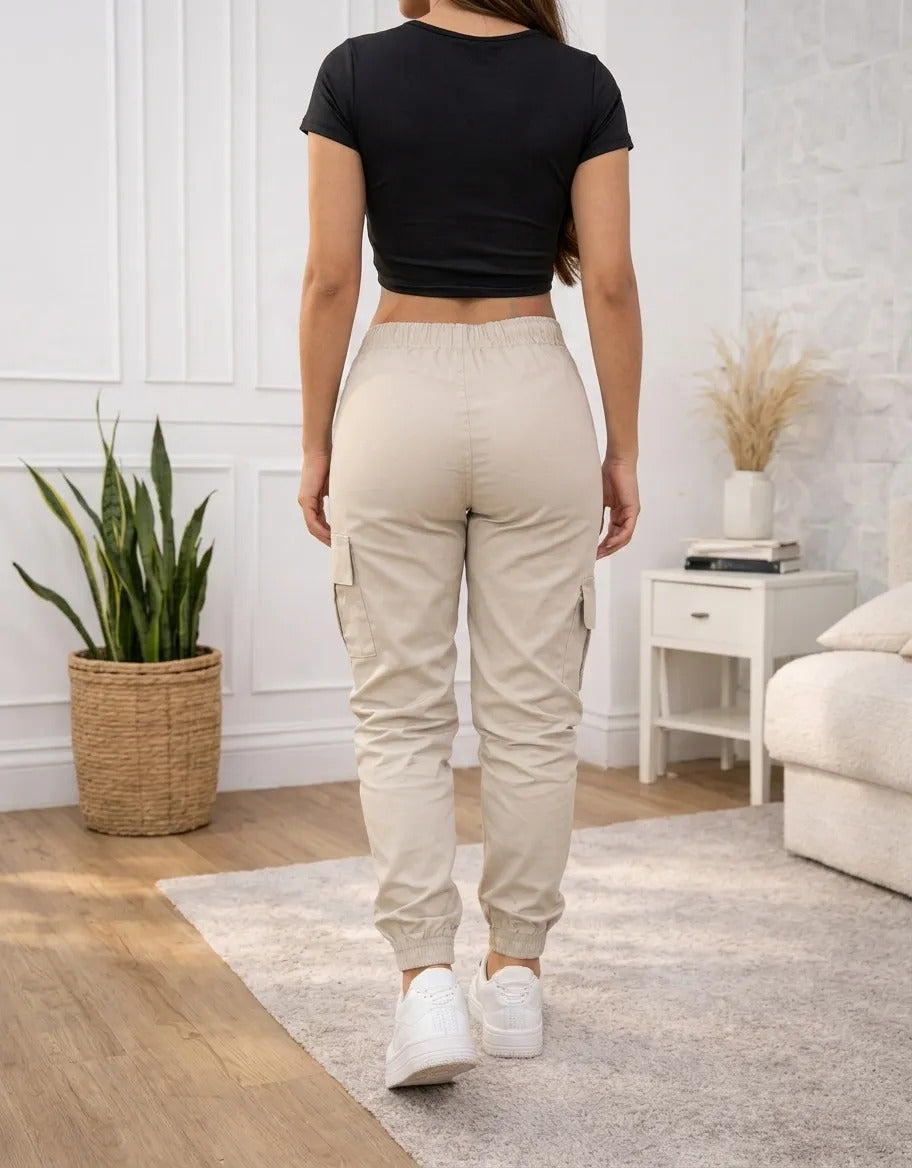 Calça Cargo Jogger Jeans Feminina Cintura Alta Com Lycra