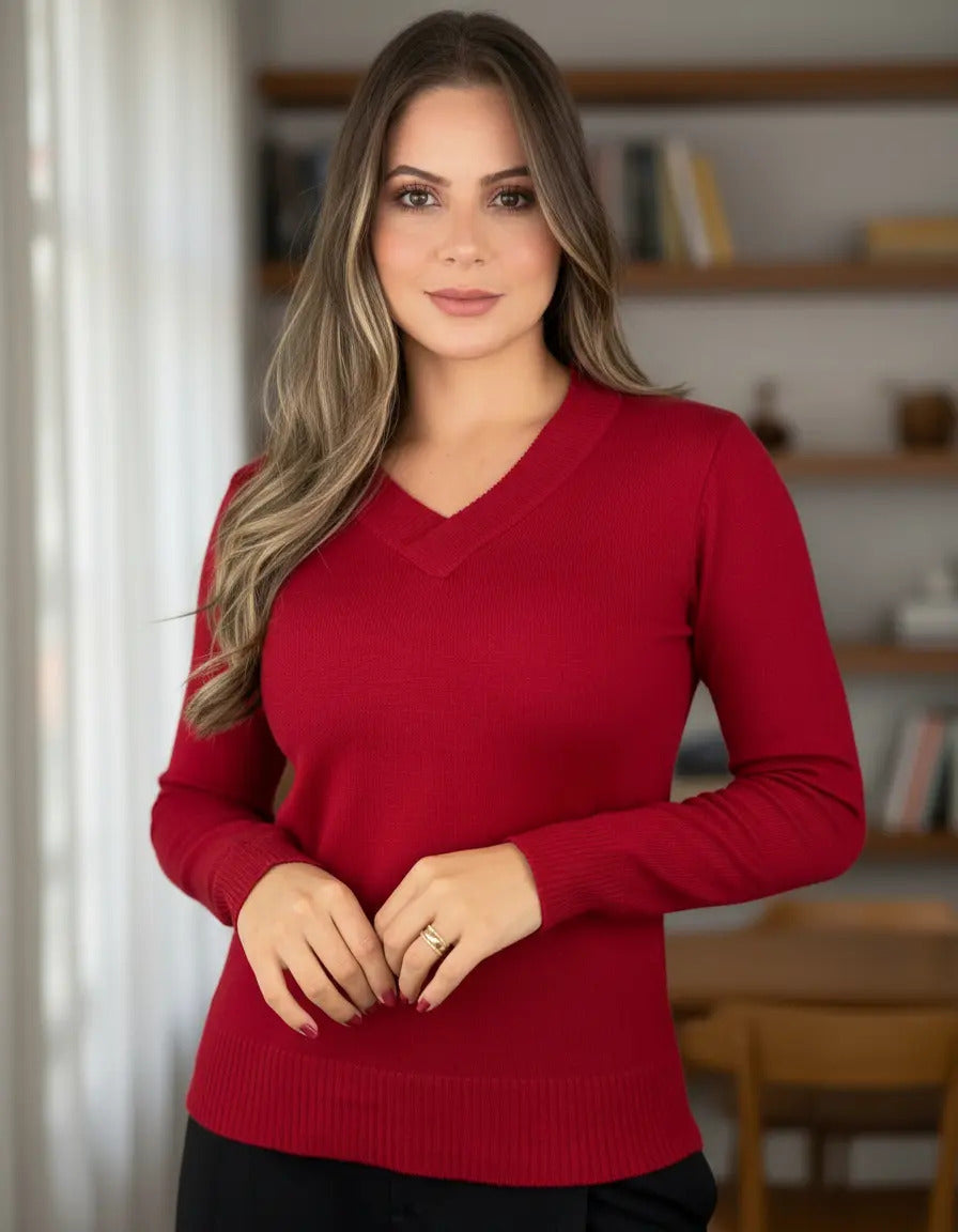 Blusa Trico Basica De Frio Feminina Decote V Manga Longa