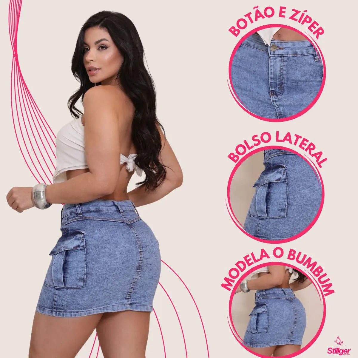 Saia Jeans Cargo Feminina Cintura Alta Com Lycra Stillger