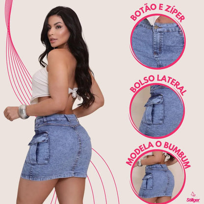 Saia Jeans Cargo Feminina Cintura Alta Com Lycra Stillger