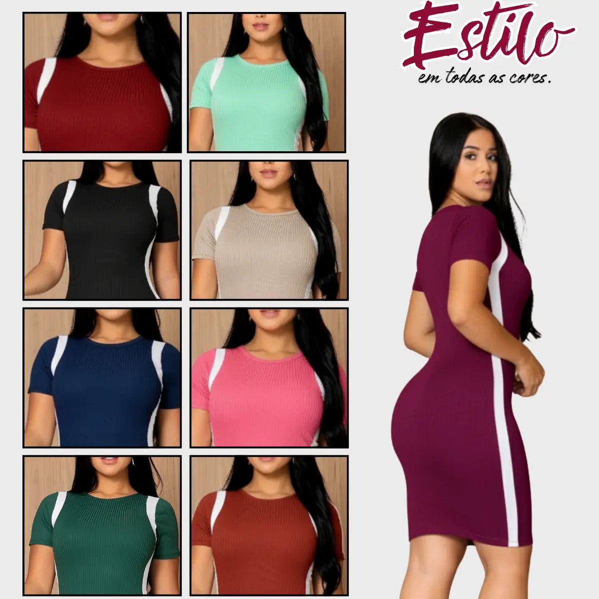 Vestido Canelado Curto Com Manga Casual Básico Modelador