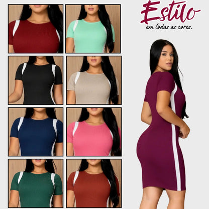 Vestido Canelado Curto Com Manga Casual Básico Modelador