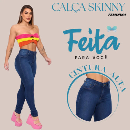 Calça Preta Jeans Feminina Com Elastano Cintura Alta Skinny